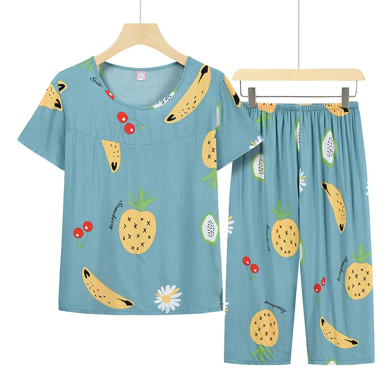 

Printing Pyjama Femme Two-piece Summer Large Size Women's Pajamas Set Grandma Suit Outside Wear Homewear Loose Pijama Dama 5XL