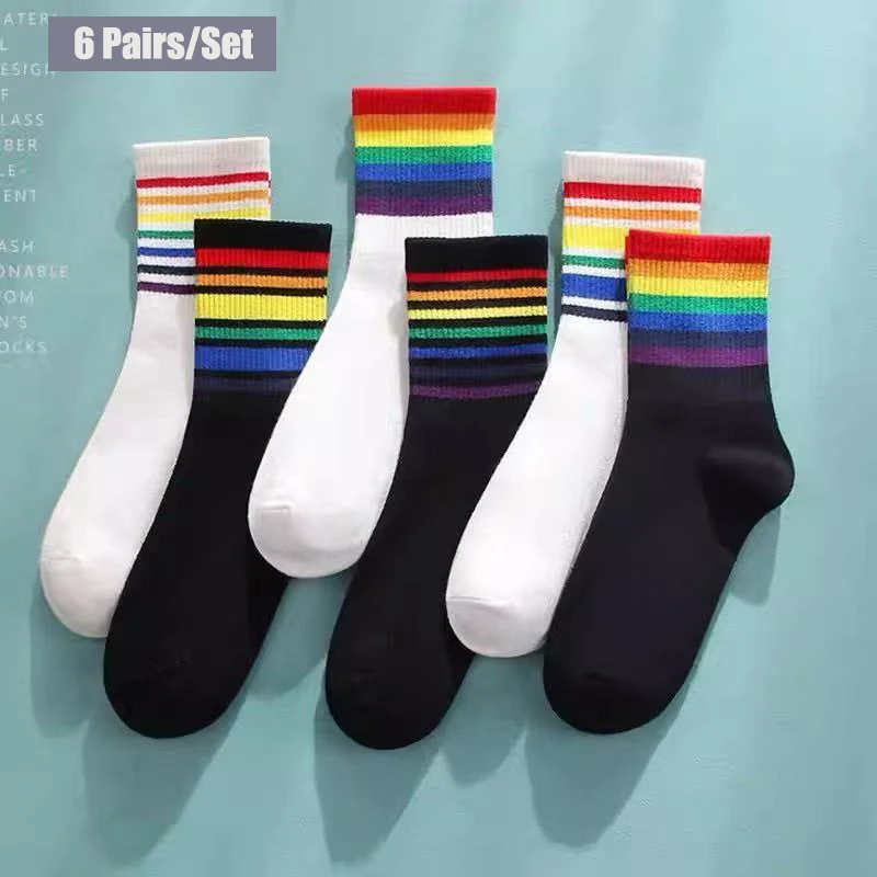 

6 пар хлопковых женских носков в радужную полоску, высококачественные теплые удобные дышащие повседневные длинные носки, белые, черные, Harajuku, корейские