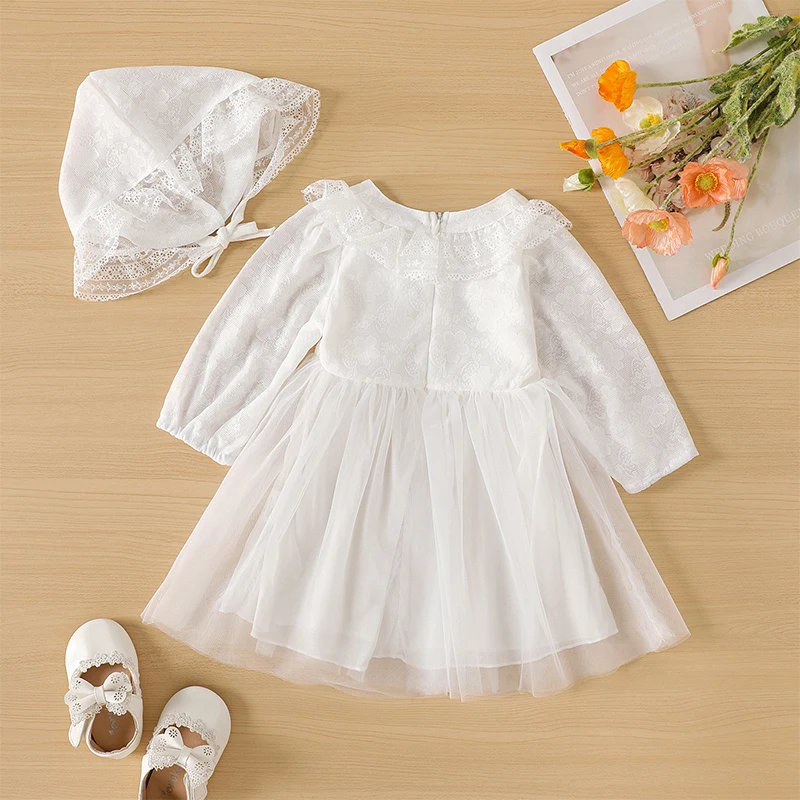 2PC Girls\' Lace Lace Lace Long Sleeve Tulle White Dress+Lace Lace Hat Sweet and Cute Fashion Style Fluffy Dress Summer Children