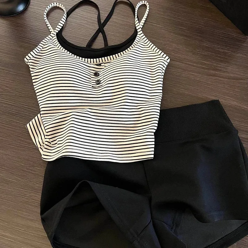 New Summer Women's Clothing Summer Cami Striped Top with Chest Pad Pajamas for Girls Slimming Summer Vest Homewear Set
