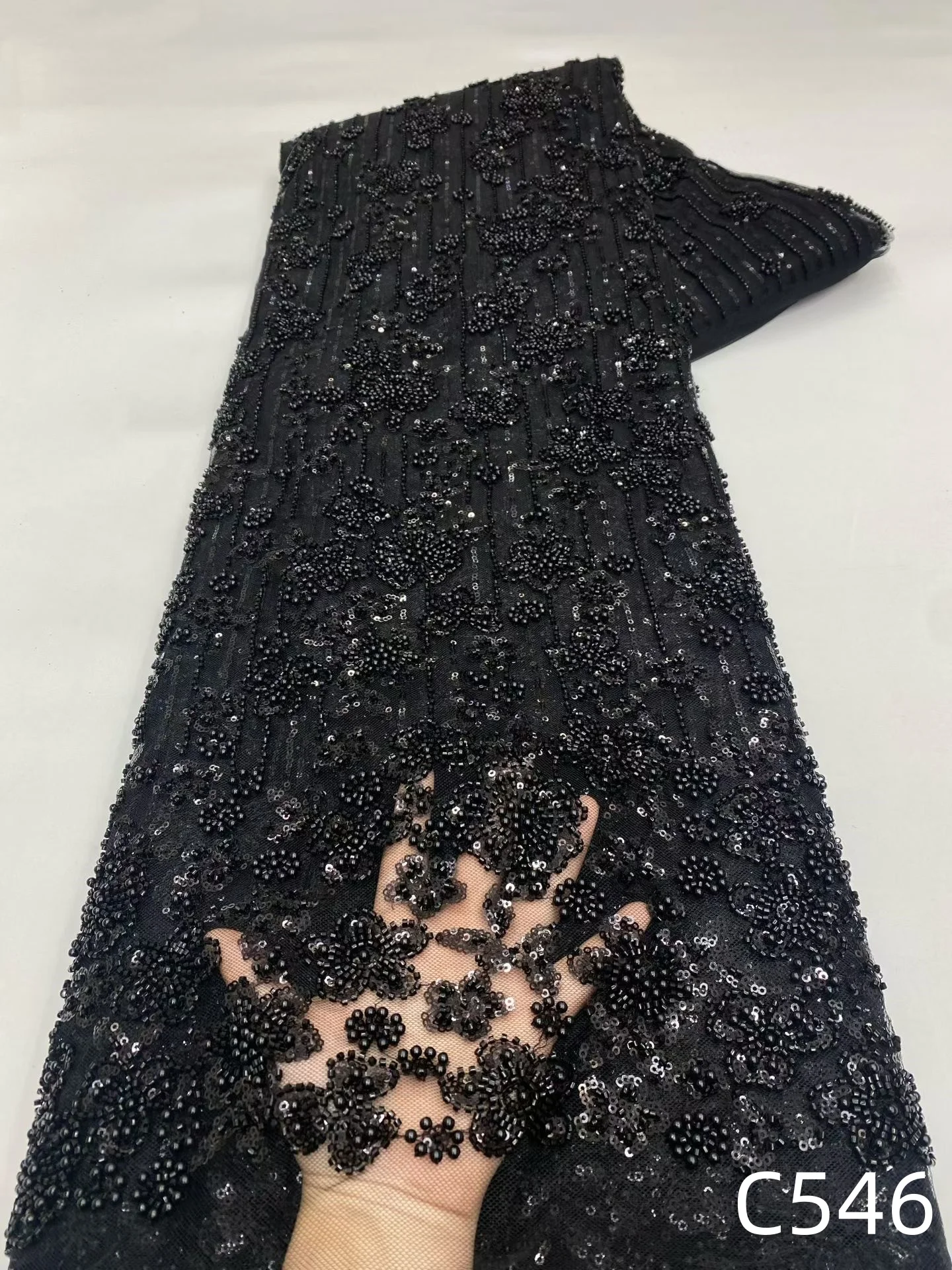 

2026 High Quality French Lace Fabric African Beaded Embroidered Nigerian Sequins Tulle 5 Yards for Sewing Party Dresses