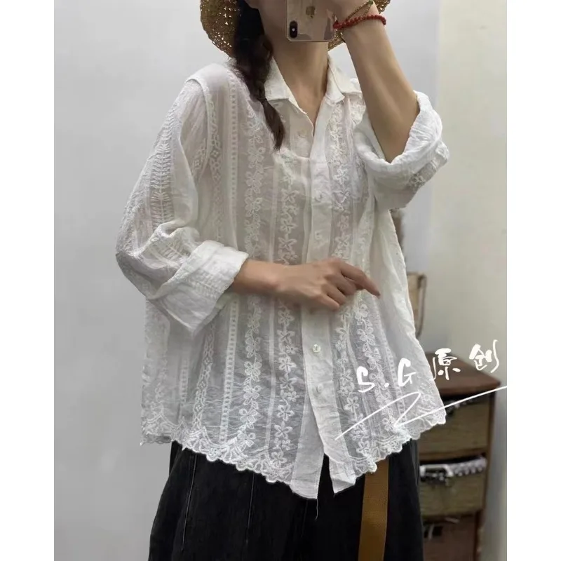 Vintage Striped Embroidered Solid Color Cotton Long Sleeved Lapel Shirt Casual Loose Fit Large Size 2024 Spring New Cardigan Top