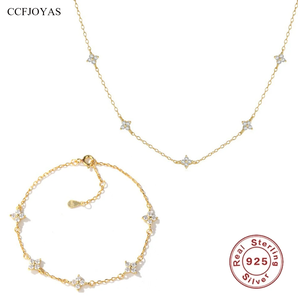 

CCFJOYAS 100% 925 Sterling Silver Small Fresh Five Flower Zircon Necklace Bracelet Simple Korean Style Gypsophila Jewelry Set