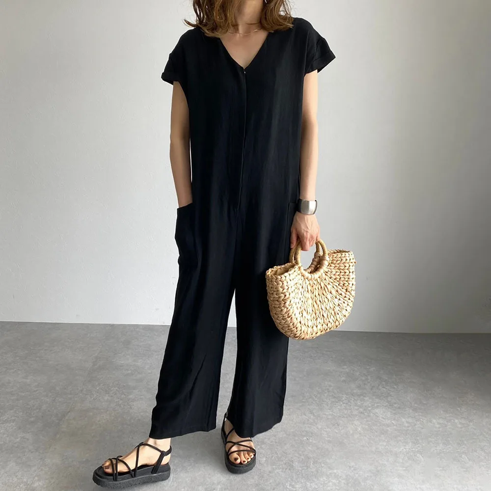 Japanese Style Fashion Simplicity Solid Color V-neck Summer Women's Rompers Loose Casual Pocket 2024 Spring Summer New