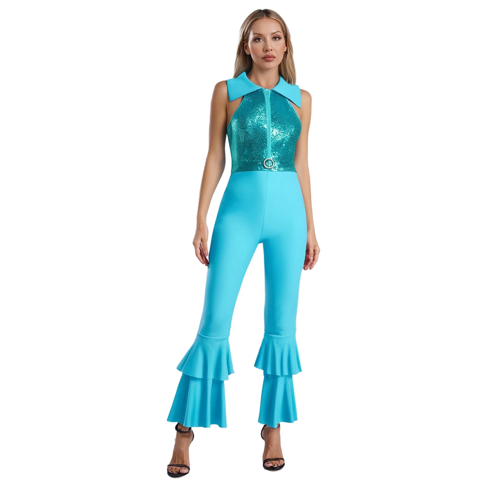 Disco Theme Party Ballroom Dance Costumes Womens Shiny Sequins Jumpsuit Sleeveless Rhinestone O-Ring Tiered Bell-Bottom Bodysuit