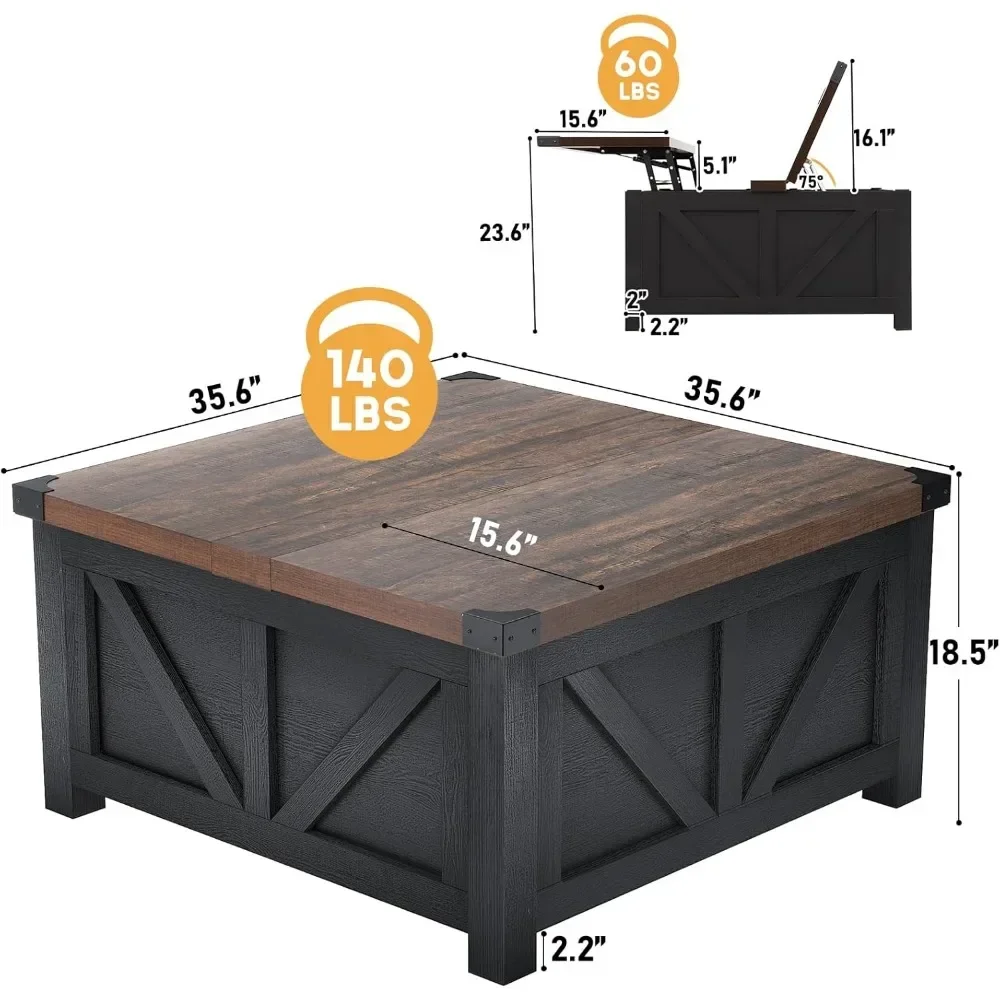 Farmhouse Lift Top Coffee Table with Storage, Wood Square Center Table with Charging Station&USB Ports