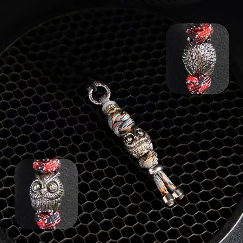 Hand knitting Brass Keychains ,Woven Rope Car Key Ring, Engraved The owl Statue, Outdoor Backpack Key Buckle Men Small Trinket