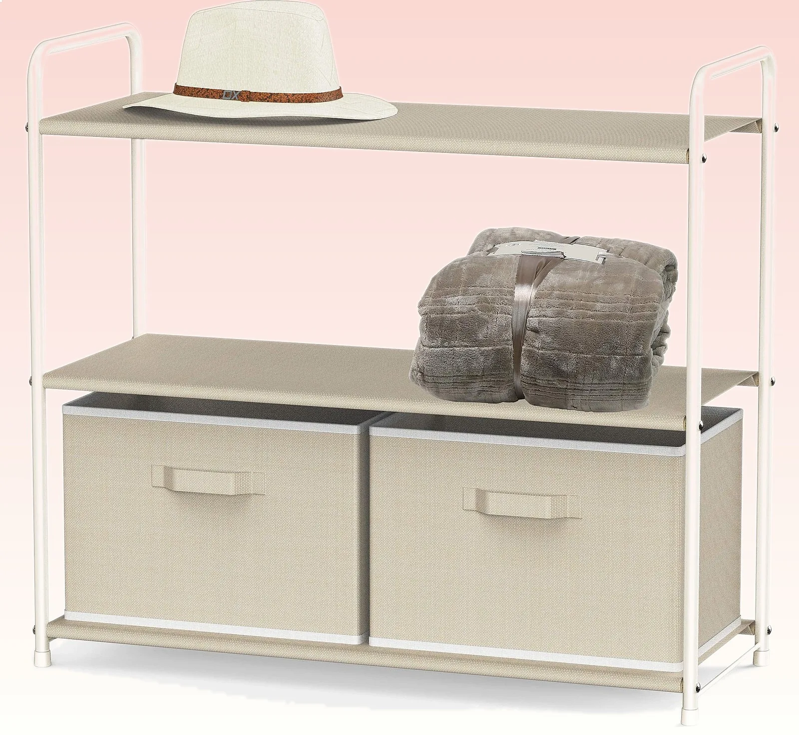 3-Tier Closet Storage Organizer with 2 Drawers, Beige, Space-Saving Shelf Unit