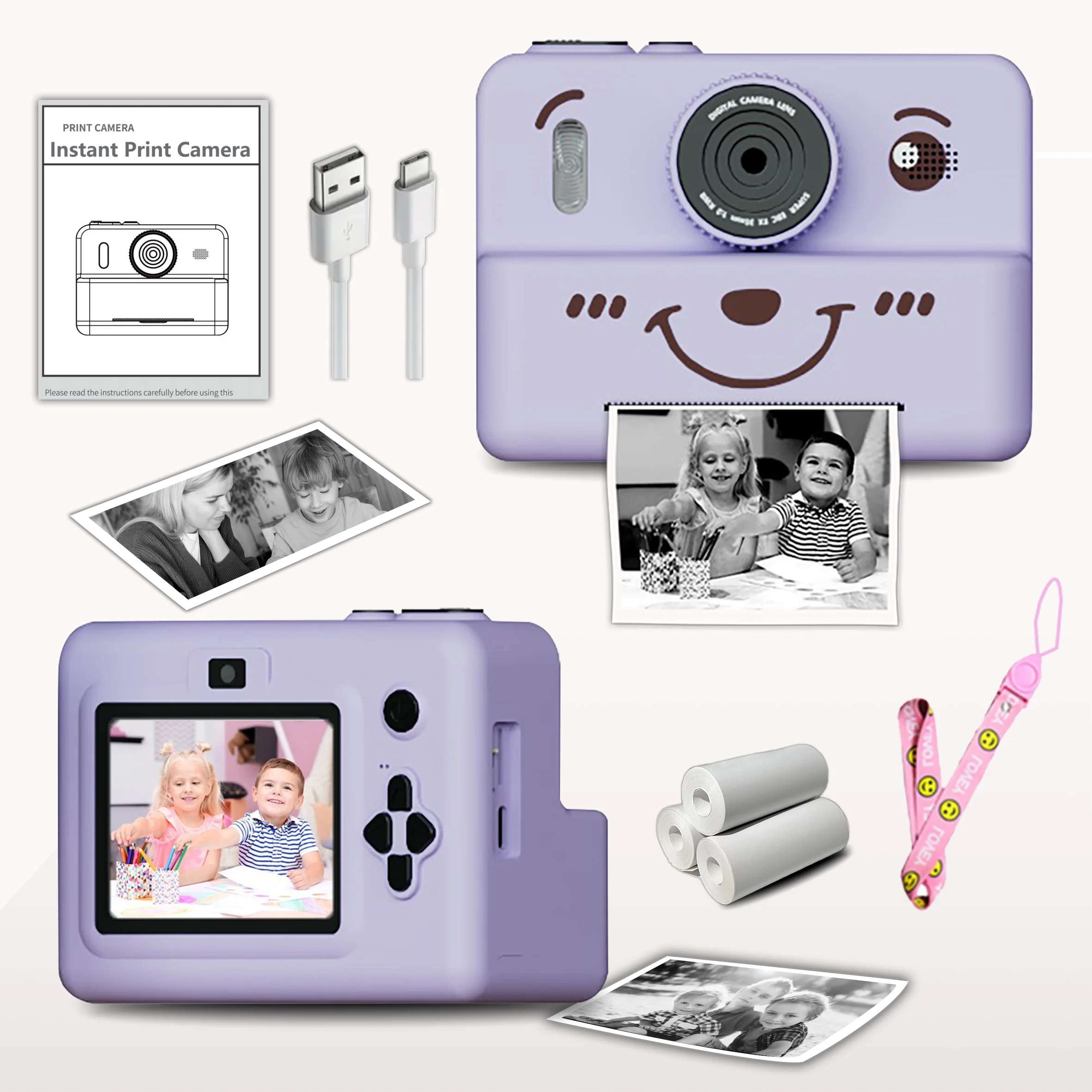 

kids Instant print camera,photo&video&music&puzzle games,flash|dual camera|USB charging,birthday&holiday&family gathering gifts