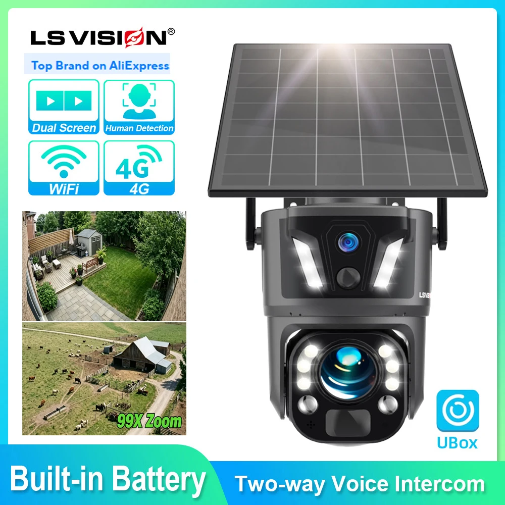 LS VISION 2 Lens 8MP 4G Solar Security Camera 99X Zoom Cameras WiFi Wireless Outdoor Human AI Detection Waterproof Cctv  Night