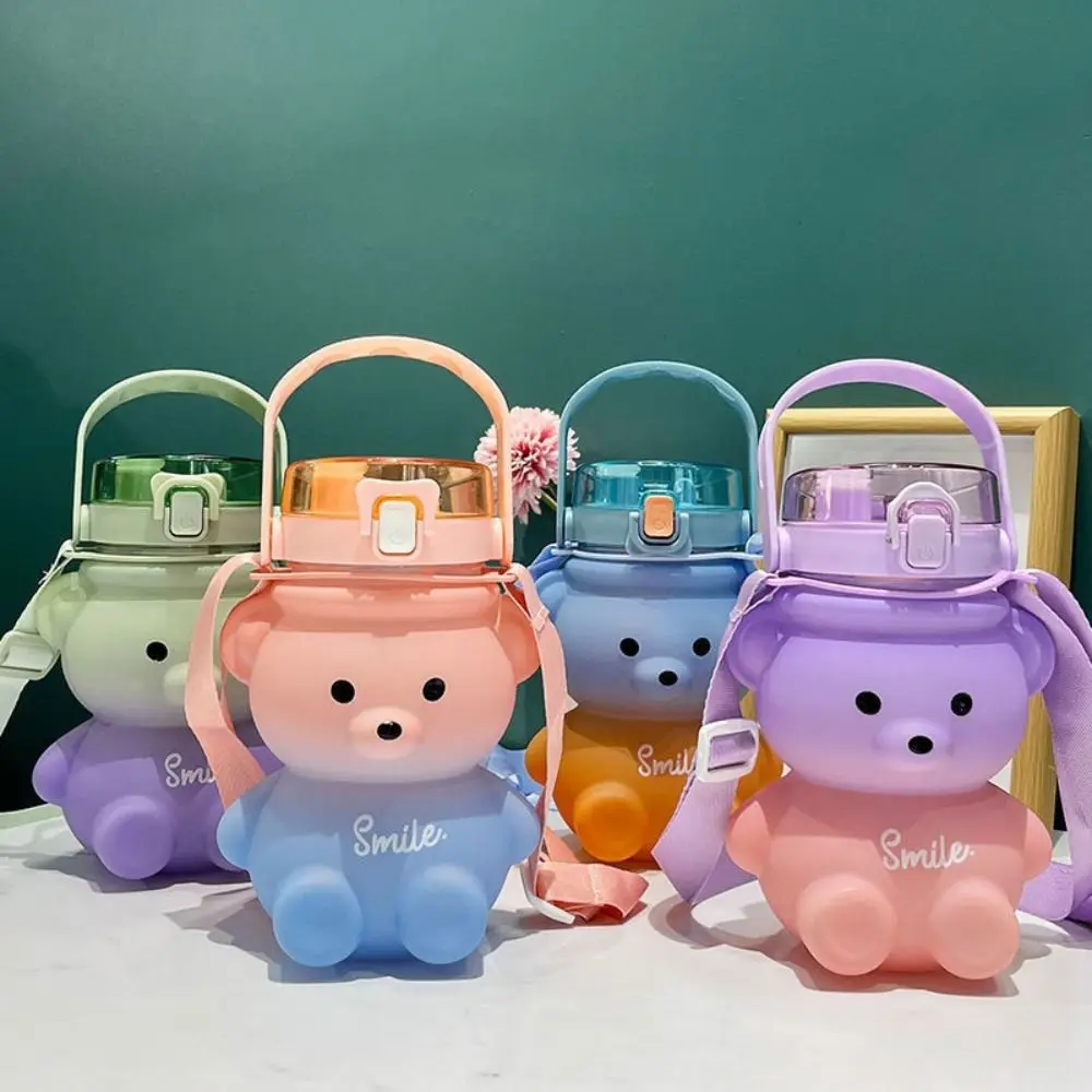 

Straw & Direct Drinking Little Bear Sports Water Bottle Gradient Color with Strap&Handle Bear Colorful Plastic Cup Leak Proof