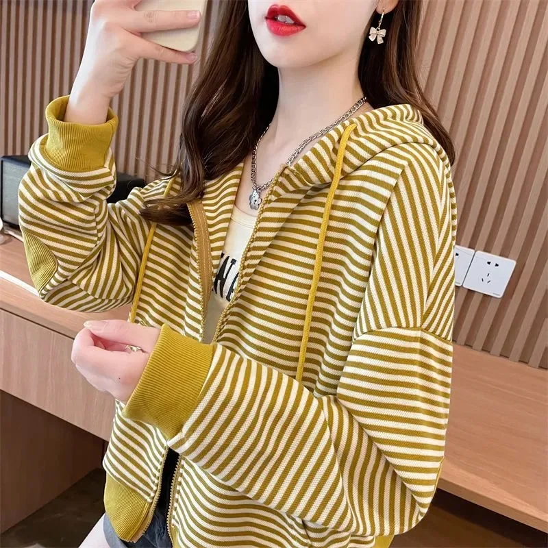 

Fashion Striped Hoodie Jacket Top Cardigan Women's Spring Autumn Thin New Korean Style Loose Versatile Hooded Coat Outerwear
