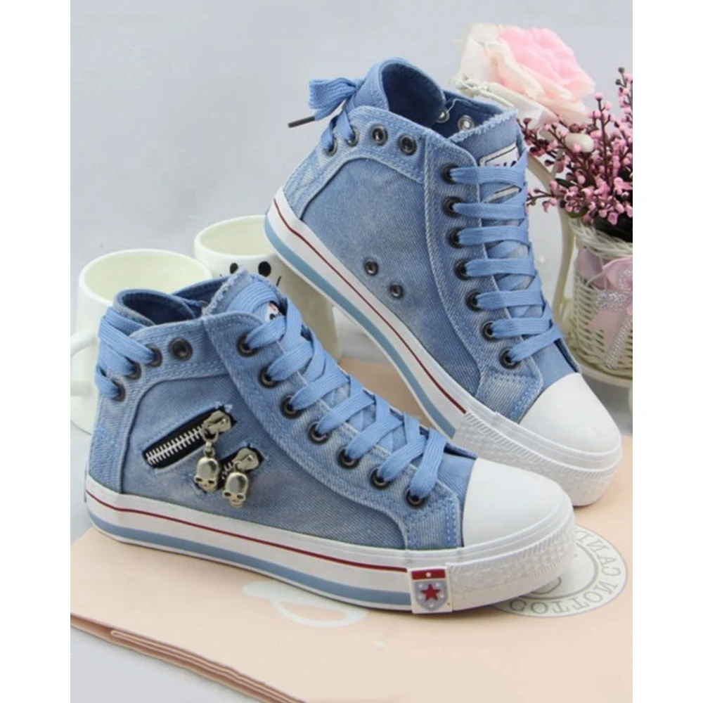 Women Denim Eyelet Lace-up Zipper Design Skull Decor Sneakers Spring Autumn Daily Casual Sports Sunning Shoes 2024 Korean Style