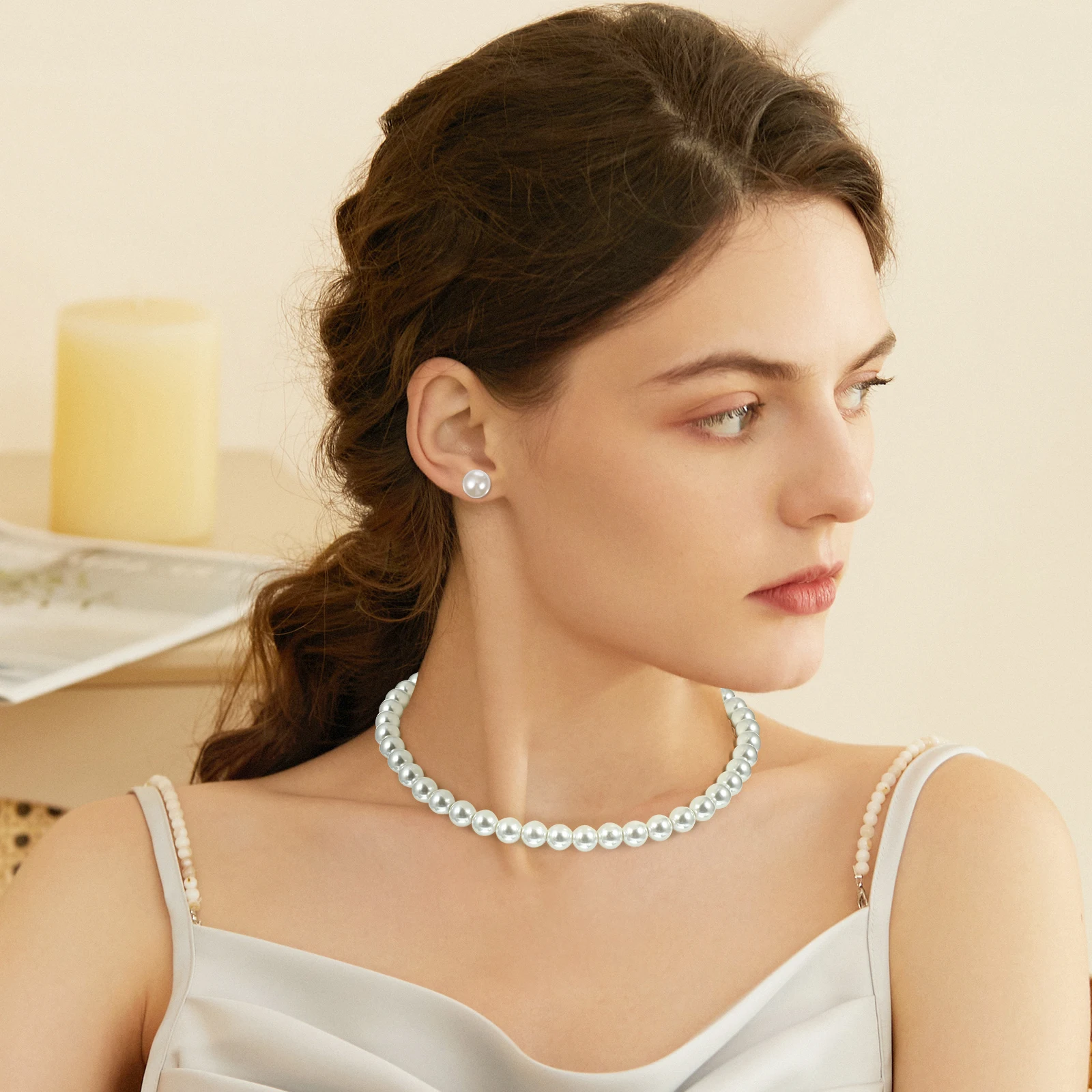 

Lock Necklaces Women Pearl Necklace Earrings Set Glass Bead Clavicle Chain Jewellery Accessories Elegant Design Long Necklace