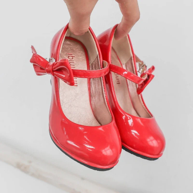 Fashion Girls High Heels Glossy Bowtie Kids Leather Shoe Spring Autumn Children Causal Princess Dress Shoes for Evening Party