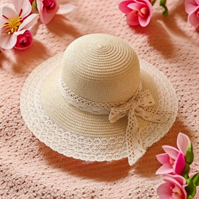موضة الجوف حافة مقوس دانتيل شاطئ البحر عطلة قبعة بحافة السيدات في الهواء الطلق حماية من الشمس القش قبعة الصيف قبعات للحماية من الشمس للنساء 2