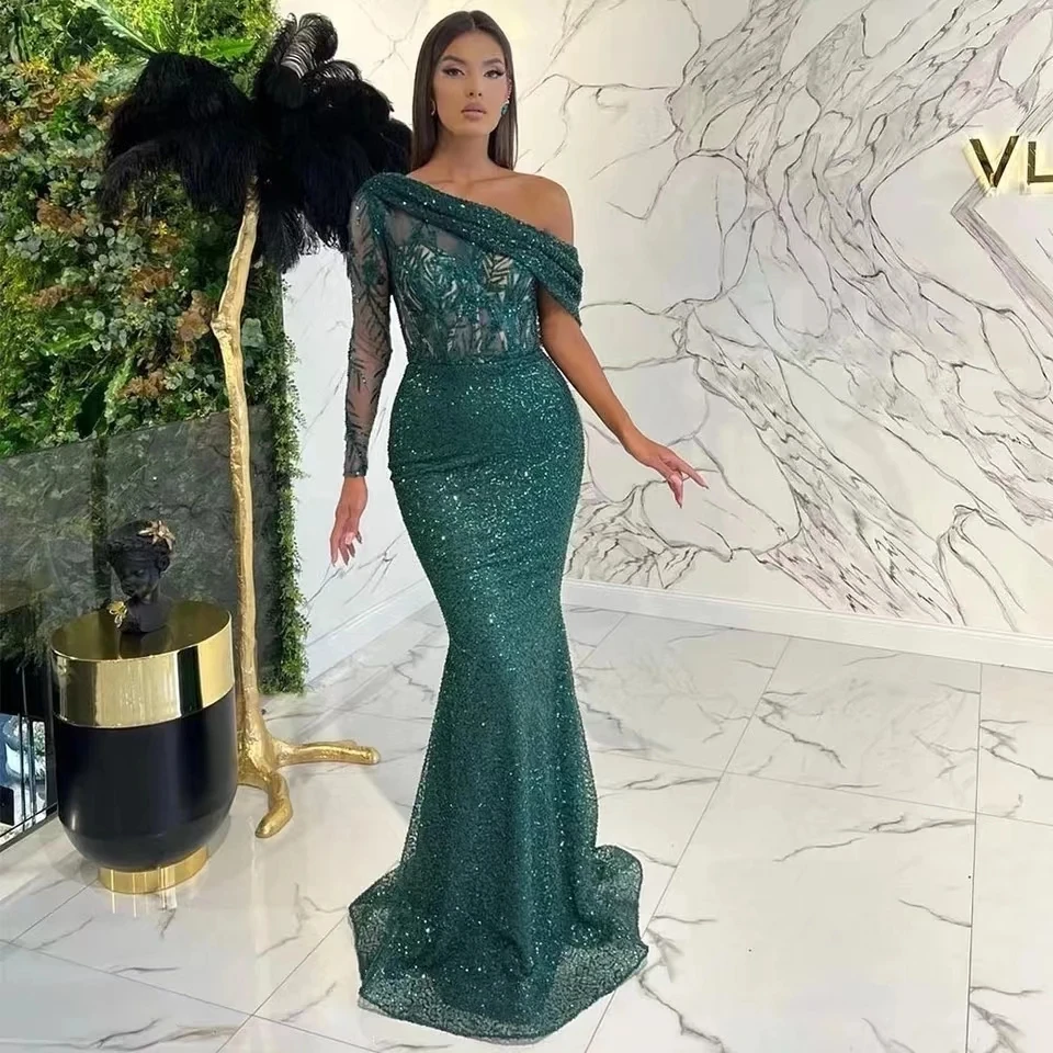 Sparkly 2023 Evening Dress Emerald Green Singel Long Slevees Mermaid Pageant Gowns Dubai African Women Formal Robe De Soiree