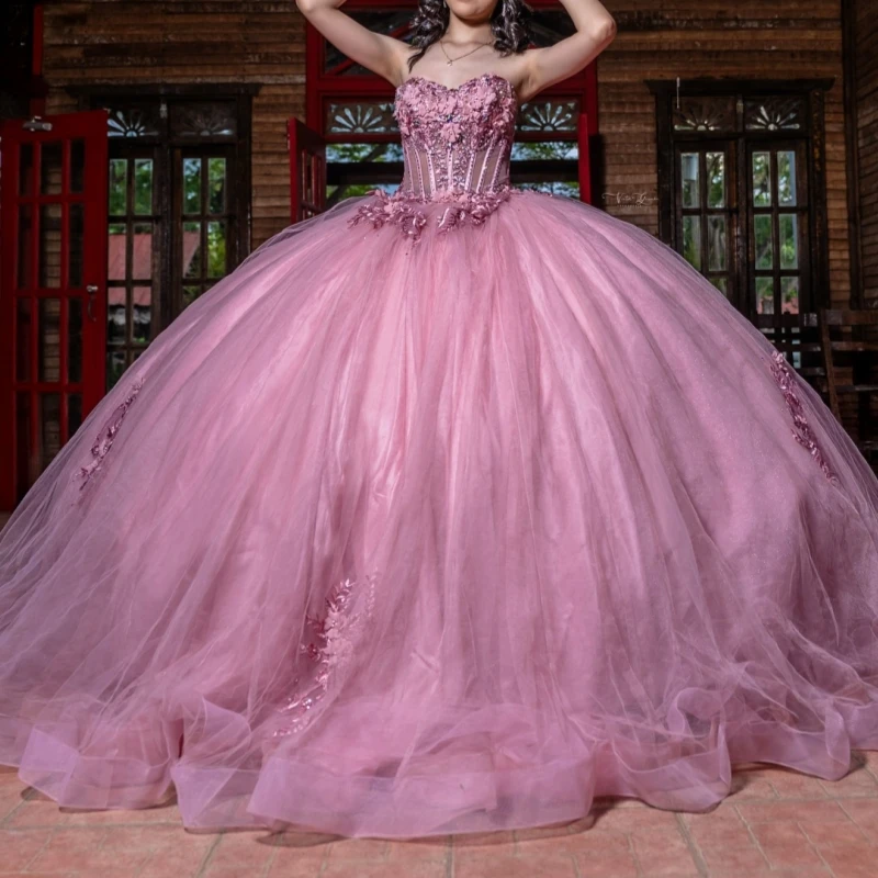 

Pink Shiny Quinceanera Dresses Ball Gown Off The Shoulder Beads Applique Lace Tull Corset Party Birthday Sweet 16 Vestidos 15