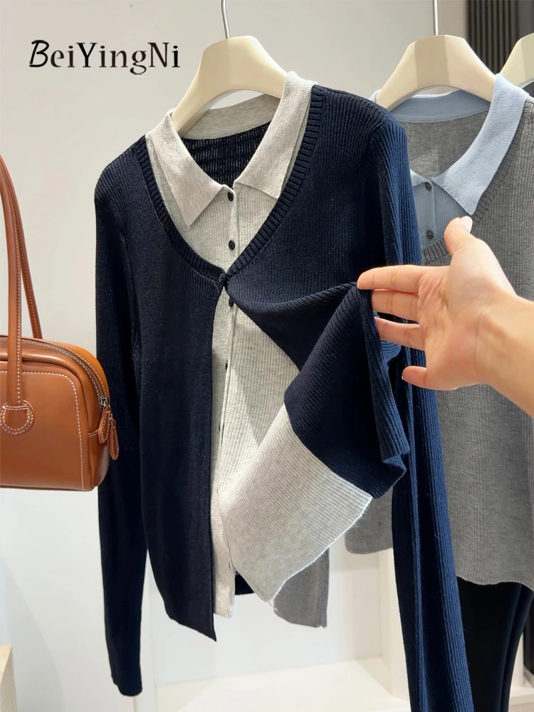 Beiyingni Korean Two Fake Pieces Cardigans Female Patchwork Chic Autumn Knit Outwear Winter Casual Slim Single Breasted Sweater