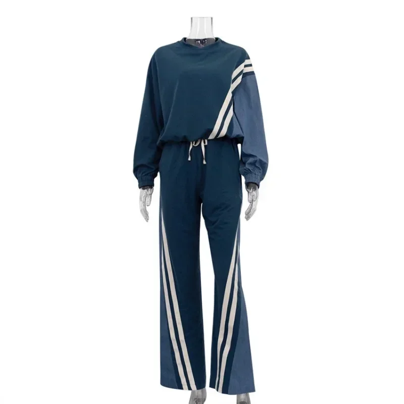 2024 New Autumn Winter Casual Blue Patchwork Sets Women 2 Pieces O-Neck Long Sleeve Blouse Drawstring Straight Sweatpants Suit