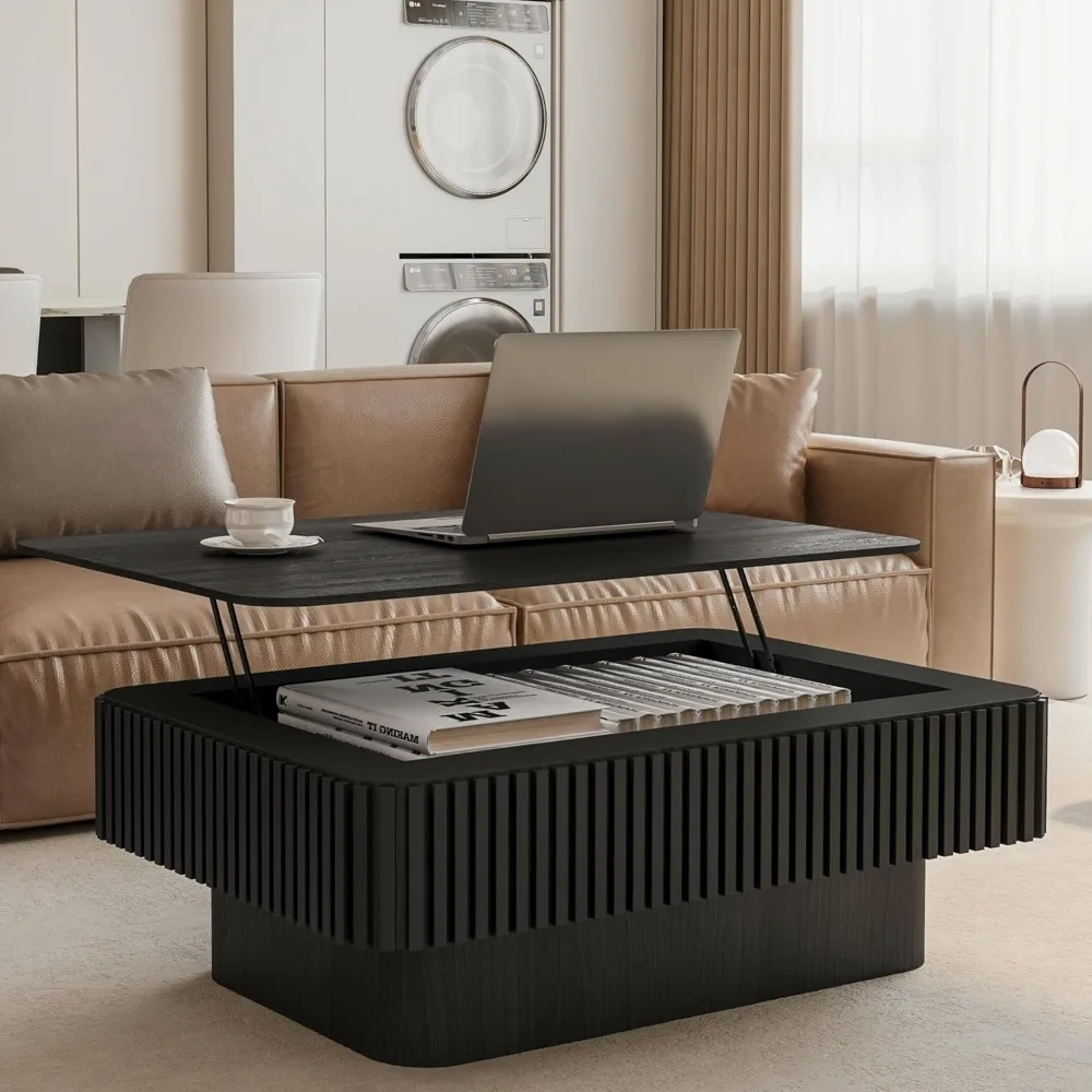 

Black Coffee Table with Lifting Top with Storage for Living Room,Fluted Lift Top Coffee Tables with Solid Wood Center Table