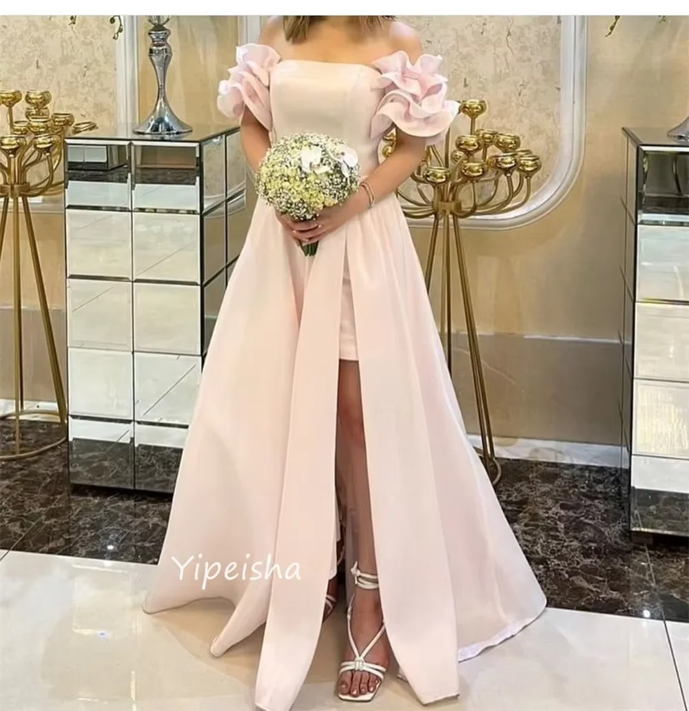 

Customized A-Line Prom Dresses Floor-length Off The Shoulder Boat Neck Sleeveless Evening Gown Fashion Ruffles Simple Draped