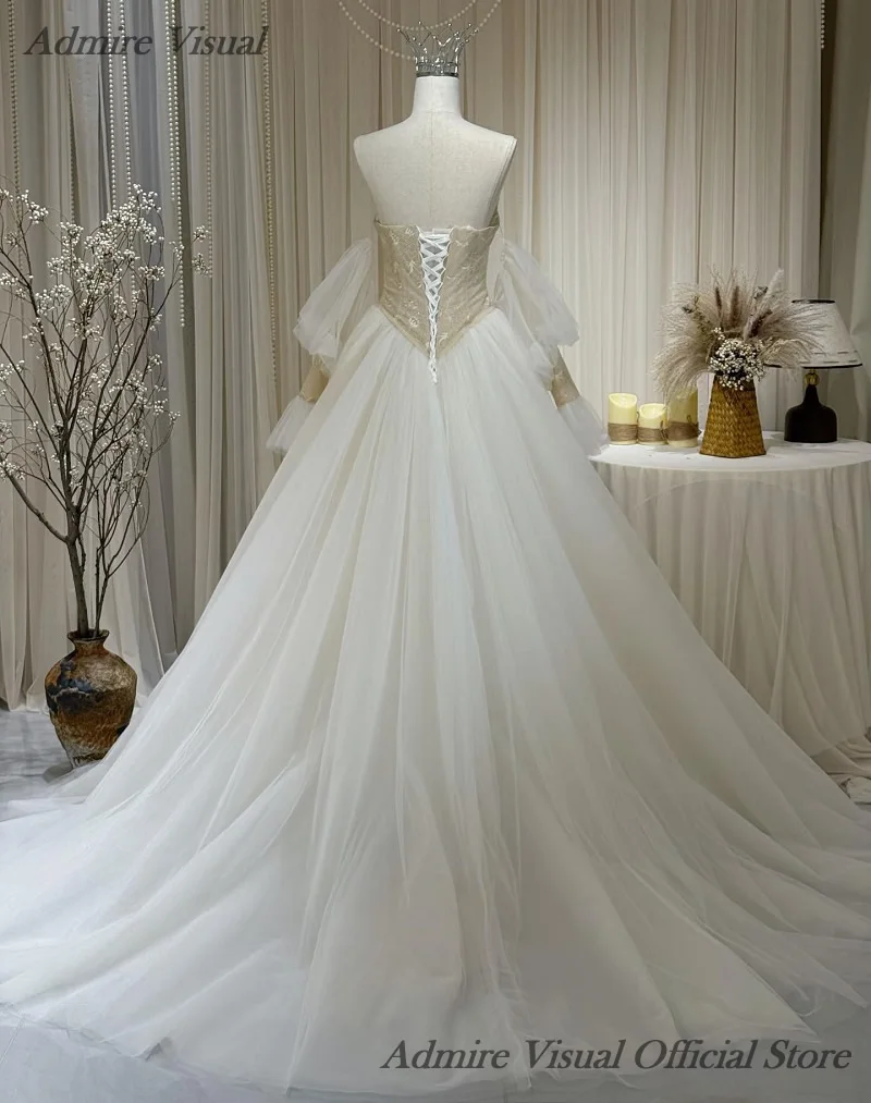 Admire Visual Customized Wedding Dress A-Line With Lace Beading Boat Neck Neckline With Detachable Sleeves Basque Bride Gowns