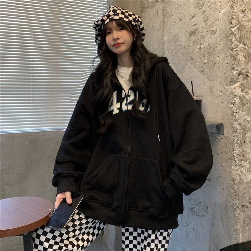 2024 Y2k Autumn Winter Sweatshirt Hoodie Oversize Korean Hooded Cardigan Sweatshirts Gray Women Clothes Solid Zip Up Hoodies