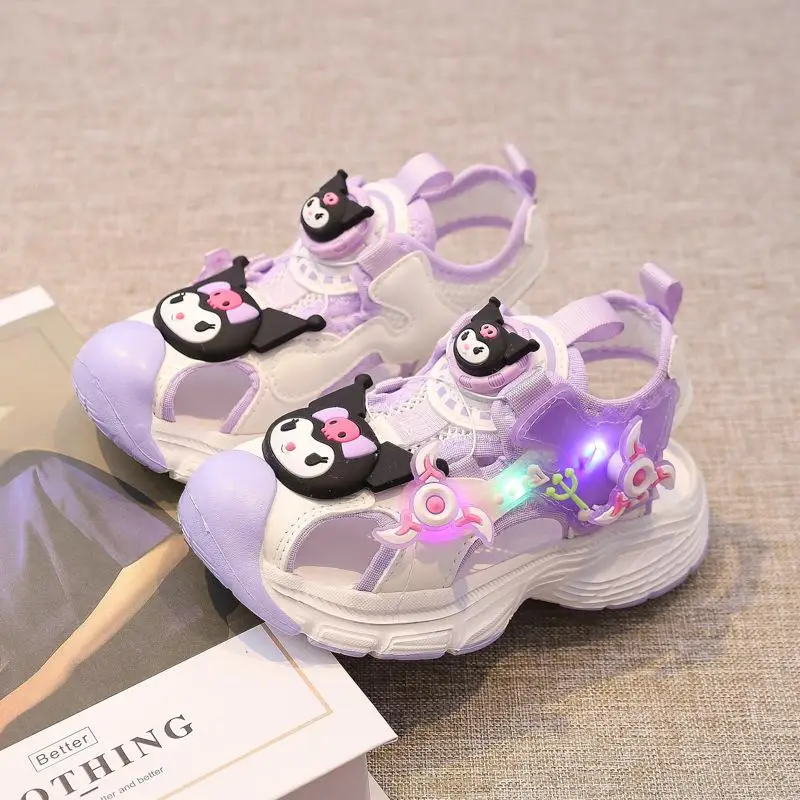 Sanrios Kuromi Kids Sandals Cute Summer Casual Luminous Sweet Sneakers Cartoon Turn Button Trainers Anime Leisure-Shoe Girl Gift