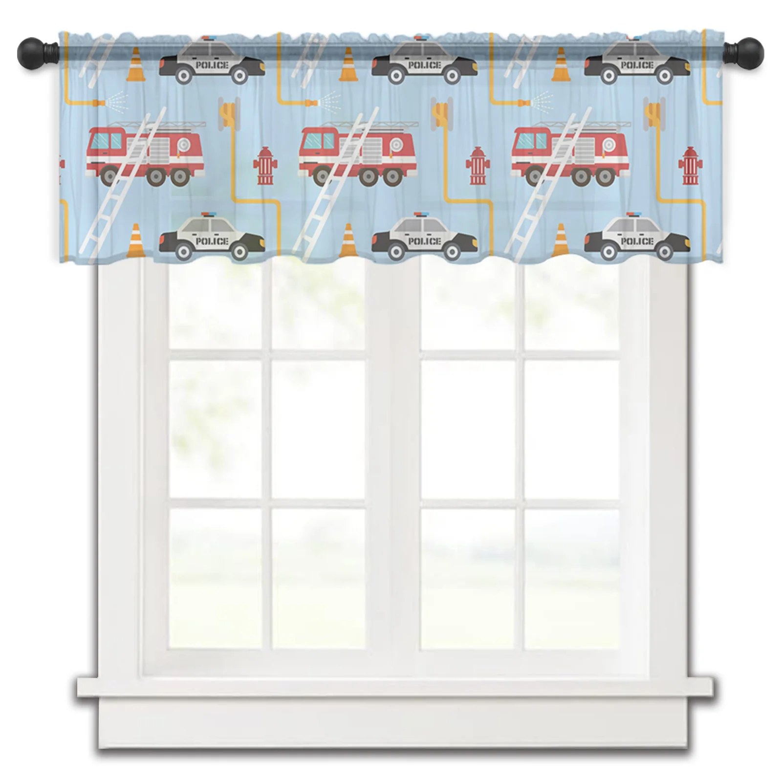 Toy Police Car Fire Truck Vehicle Cartoon Sheer Curtains For Living Room Window Tulle Bedroom Curtain Voile Party Drapes