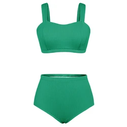 Jasambac Women Swimsuit High Waisted Solid Color Ribbed Elastic Hem Padded Swim Tops+Briefs Brazilian Swimwear