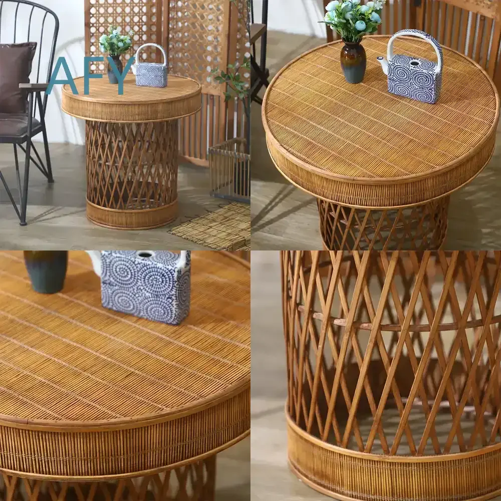 Vintage Handmade Rattan Woven Bamboo Circular Coffee Table for Nordic Home Living Room Balcony Leisure Tea Table Furniture