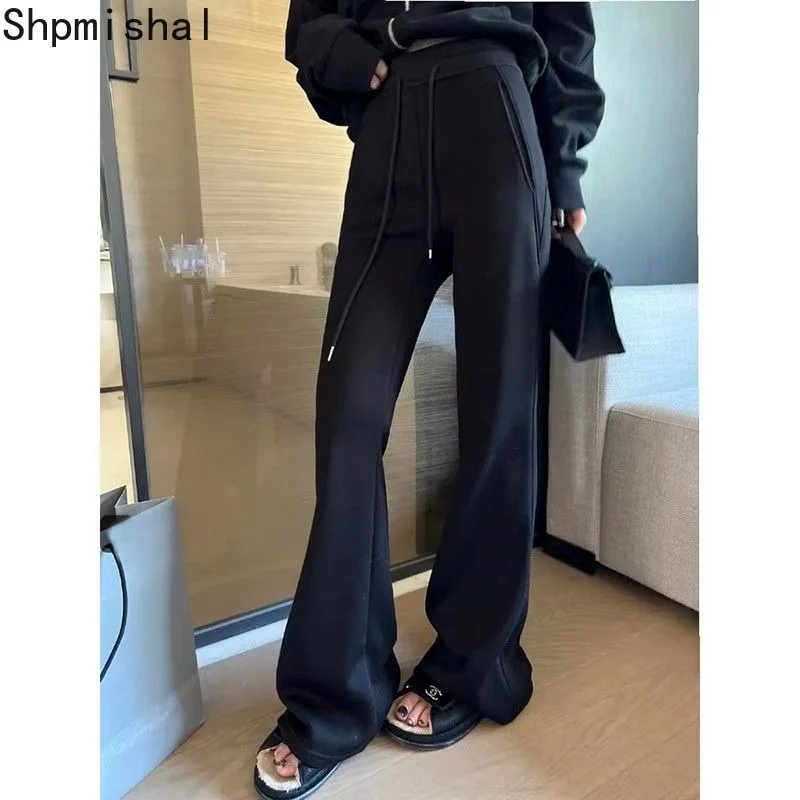 

Black American Style Plush High Waisted Drape Sports Pants for Women's Winter Slimming Casual Thickened Yoga Flared Pants