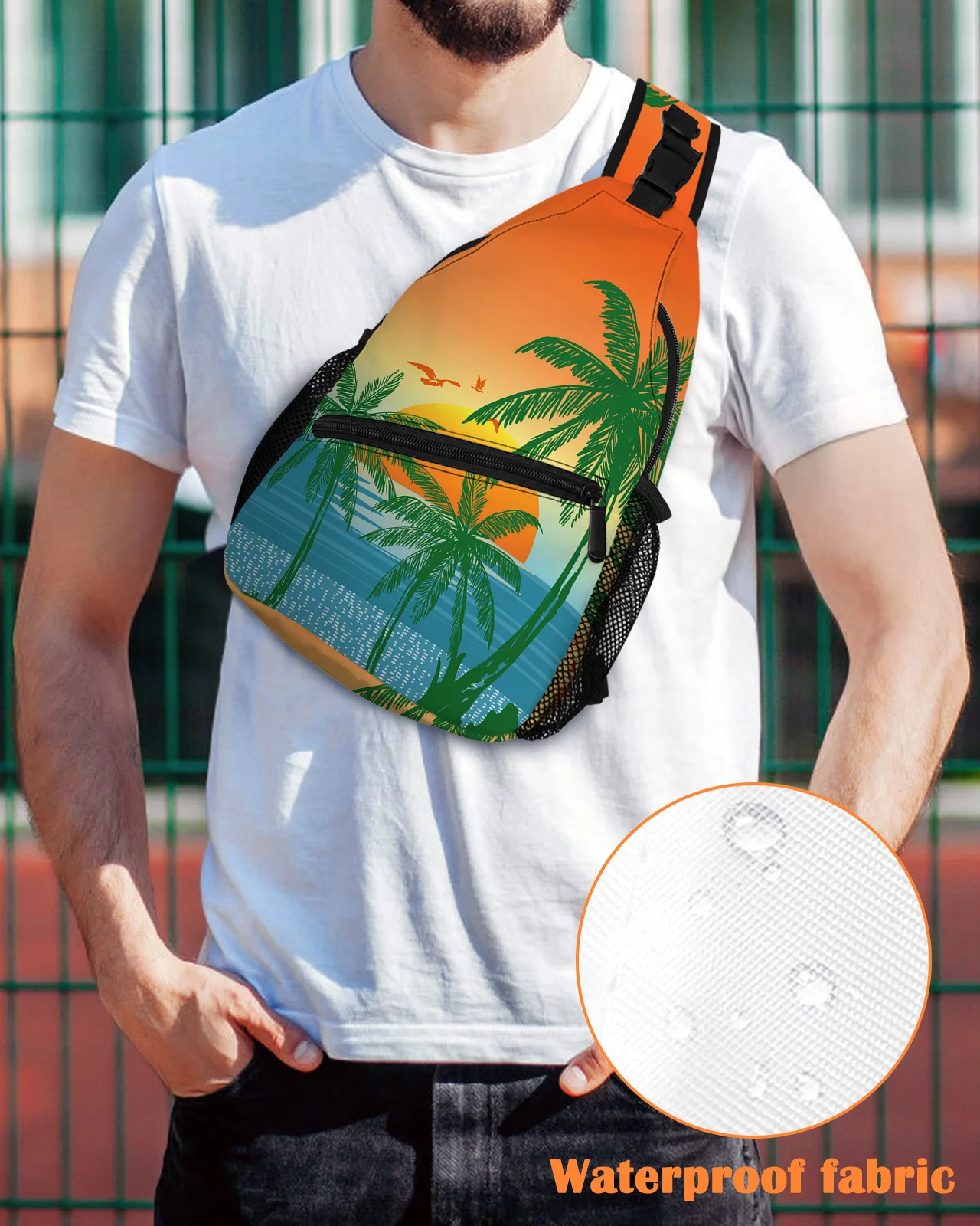 Coconut Trees Sunset Seagulls Sea Water Chest Bags For Women Men Waterproof Messenger Bags Sport One Shoulder Crossbody Bag