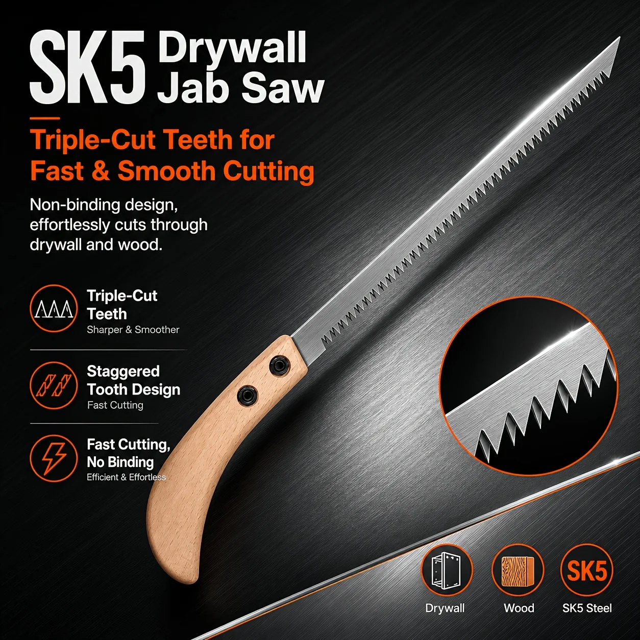 Drywall Jab Saw with wooden handle and sharp teeth
