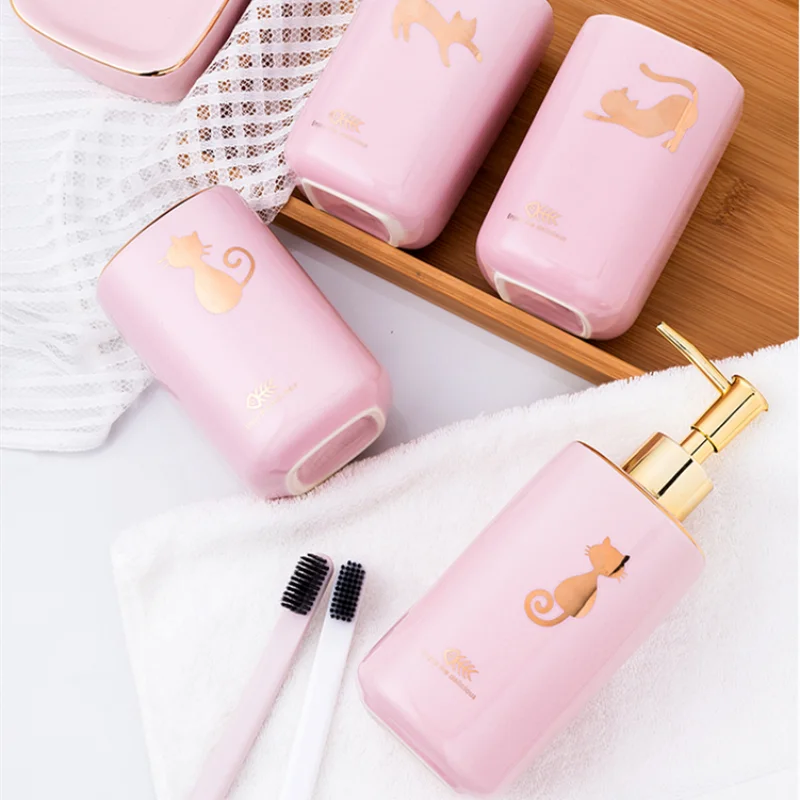 Pink Ceramic Bathroom Set Accessories Lotion Bottle Emulsion Mouthwash Cup Soap Dish Wooden Pallet Wash