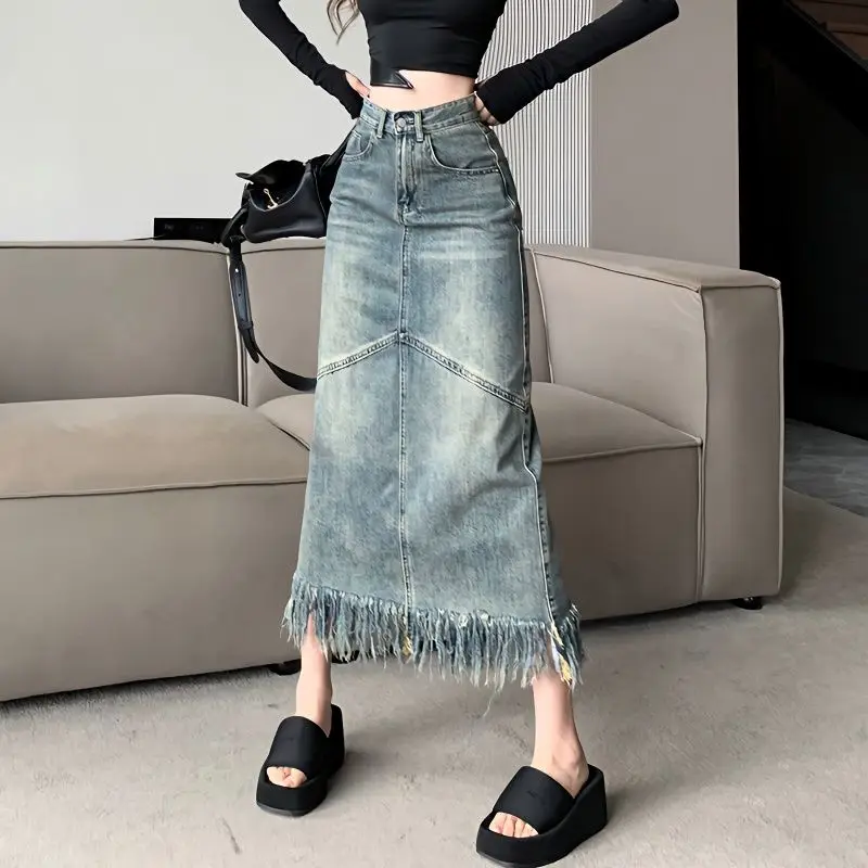 

Tassel retro denim skirt for women in spring autumn design niche high waisted and slim split A-line mid length skirt