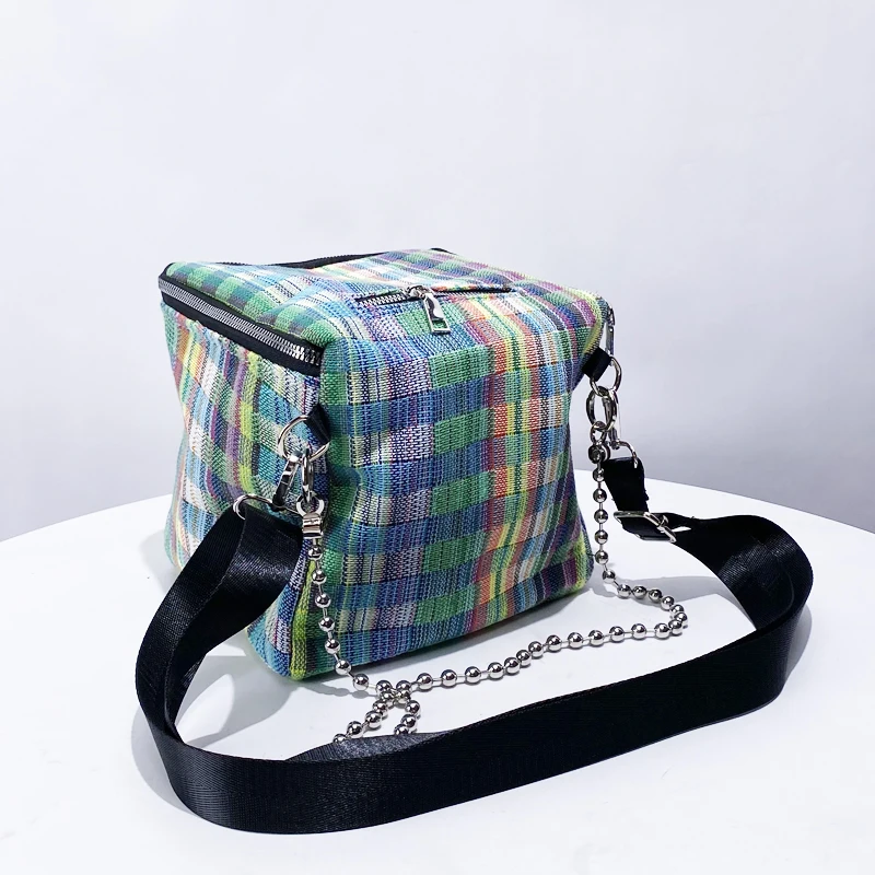 Preppy Style Square Box Shape Bags For Women Luxury Designer Handbag Purses 2024 New In Polyester Colorful Plaid Beaded Shoulder