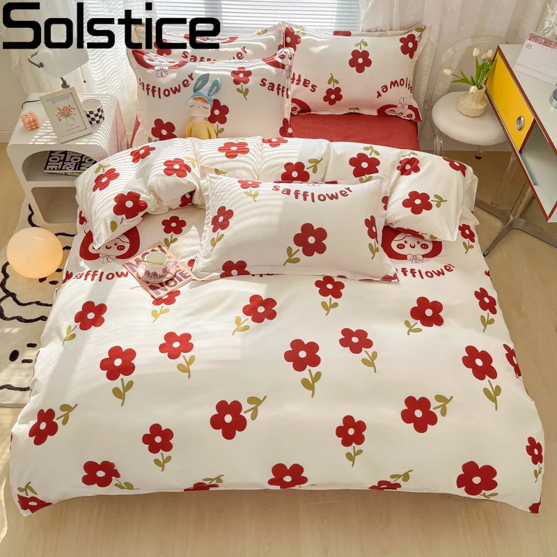 

Solstice Home Textile Duvet Cover Sheet Pillow Case Girl Child Teen Bedding Set Small Red Flowers Bed Linens King Queen Single