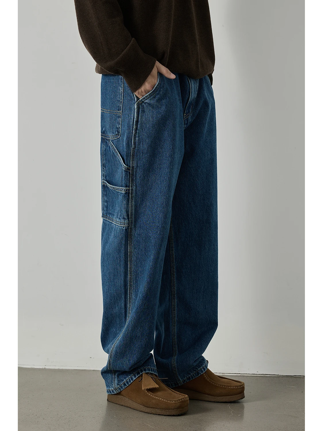 Retro Washed Japanese Style Workwear Denim Pants with Pockets Casual Straight Leg Jeans Multi-Functional Youth Fashion