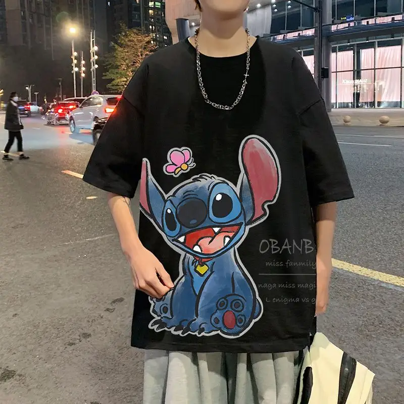 

Disney Stitch Pure Clothes Printed Cartoon Short Sleeved Men's T-shirt Versatile Top Loose And Breathable Round Neck Clothes