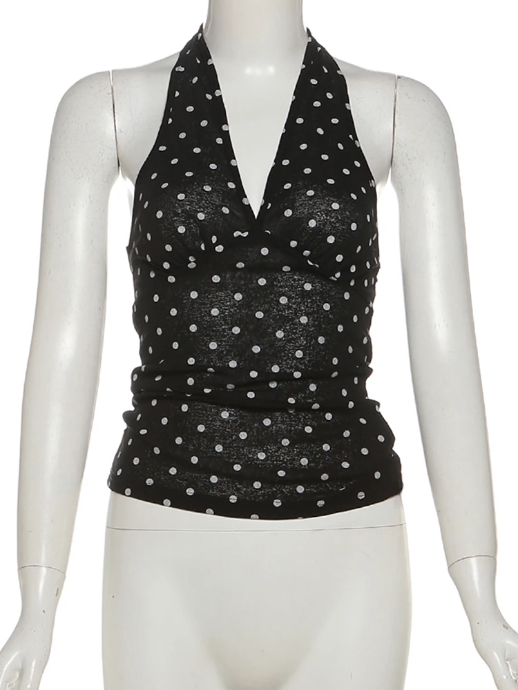 

Whatiwear Polka Dot Print Tank Tops Women Sexy See Through Low-Neck Backless Street Fashion Y2K Style New Trend Classic Outfits