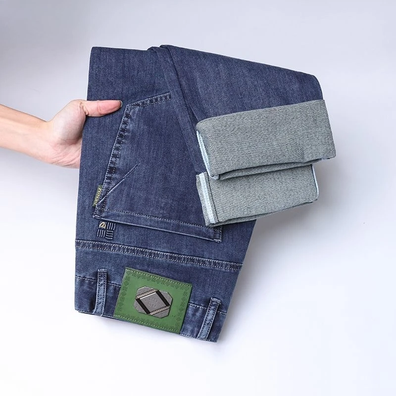 Moda masculina calças de brim retas novo estiramento fino ajuste calças confortáveis macio negócios denim calças masculinas roupas marca