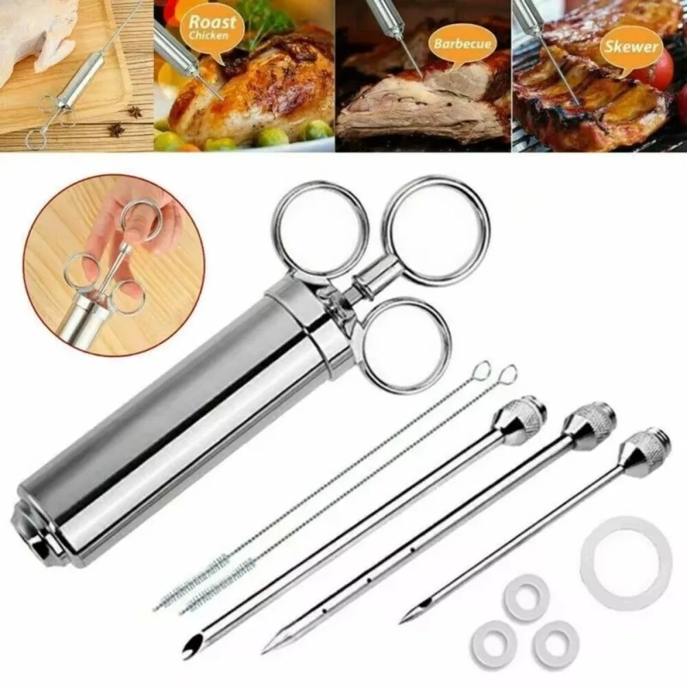 BBQ Seasoning Sauce Stainless Steel Meat Injector Durable Needle Kitchen Tools Syringe Kit Grill Tool Grill Turkey