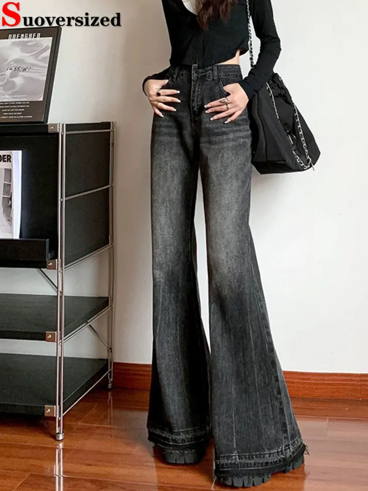 Burr Edge Design Vintage Flare Jeans para mulheres, cintura alta, Coréia, calça jeans skinny casual, Streetwear Strecth Boot Cut, novo