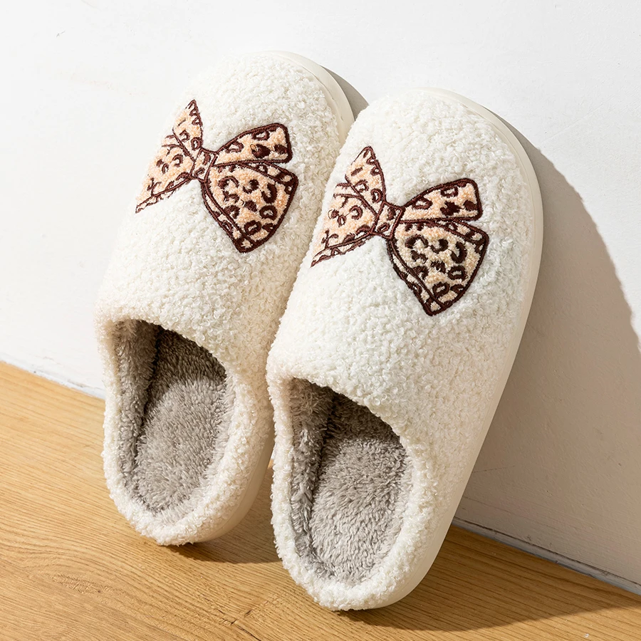 Women's Bow Slippers Warm Pattern Winter Indoor Soft Sole Home Cute Classic Embroidered Comfy casual Fuzzy Bedroom Girls Shoes image 6