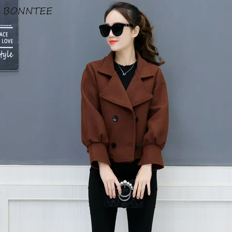 

Blends Women High Quality Double Breasted Trendy Slim Thick Solid Elegant Short Coats Female Simple Pockets All-match Lady Coat