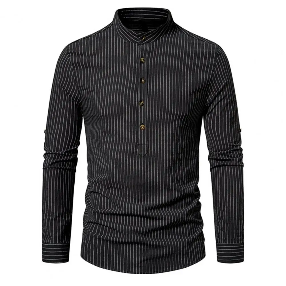 

Unique Button-up Shirt Striped Slim Fit Men's Business Shirt with Stand Collar Long Sleeve Breathable Formal for Fall for Men