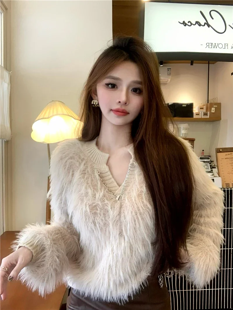 Imitation Mink Fur Chain Long Sleeved V-neck Sweater Women Pull Femme Fashion Knitting Cropped Pullovers Tops Furry Sueter Mujer