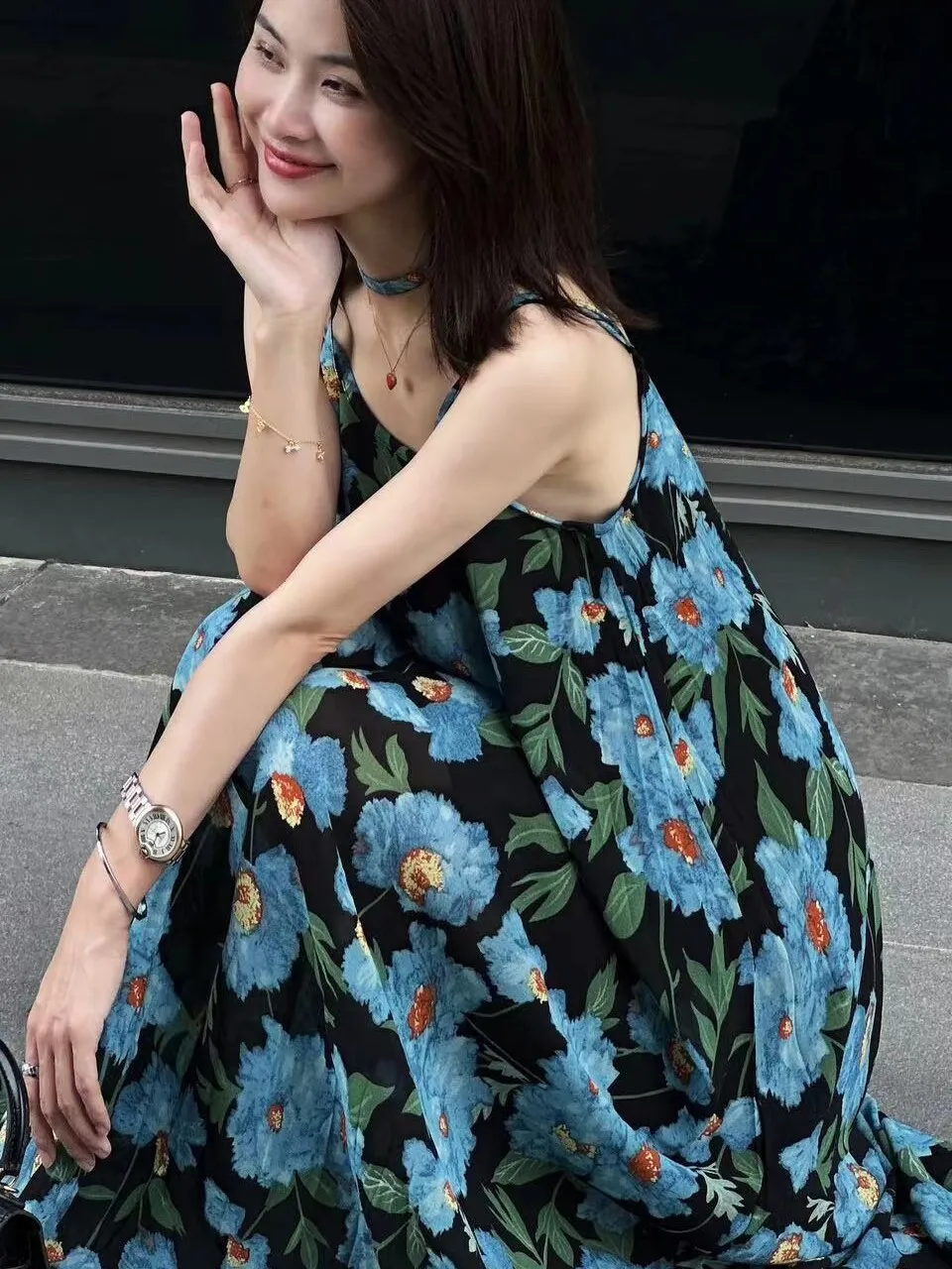 

Blue Floral Print Strapless A-Line Long Dress Women's Sleeveless Holiday Slimming High Waist French Style Spring Tourist Dress